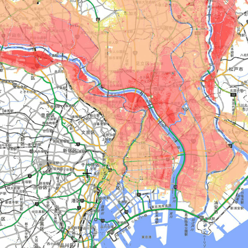 荒川が氾濫したときの浸水域～東京中心部の東半分「江東区、墨田区、江戸川区、葛飾区」はすっかり水の下